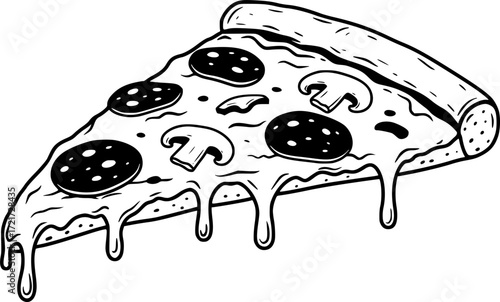 Black and white illustration of a dripping pizza slice with mushrooms and pepperoni. Vector illustration
