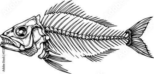 Detailed sketch of a fish skeleton with intricate bone structure, black and white. Vector illustration