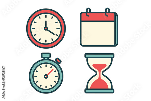 Set of essential time and date management featuring a classic wall clock, calendar, stopwatch, and hourglass