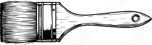 Black and white illustration of a detailed paintbrush with wooden handle. Vector illustration