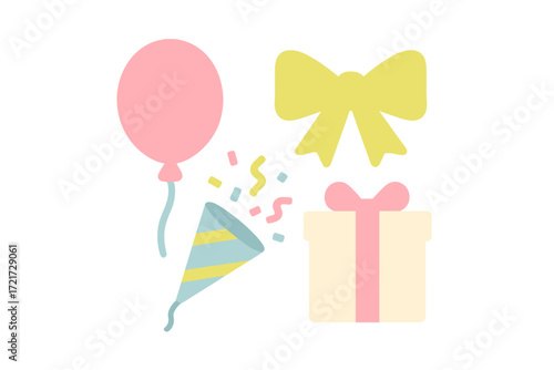 Colorful festive celebration elements featuring a pink balloon, gift box, decorative bow, and confetti popper