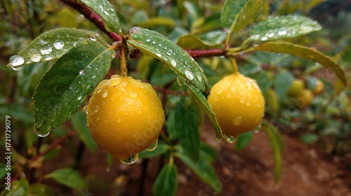 Wallpaper Mural Two yellow lemons with water droplets on branch among green leaves against blurred background of vegetation and red soil, fresh citrus harvest Torontodigital.ca