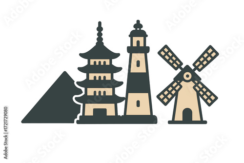 Diverse architectural structures and travel destinations represented by a pyramid, pagoda, lighthouse, and windmill