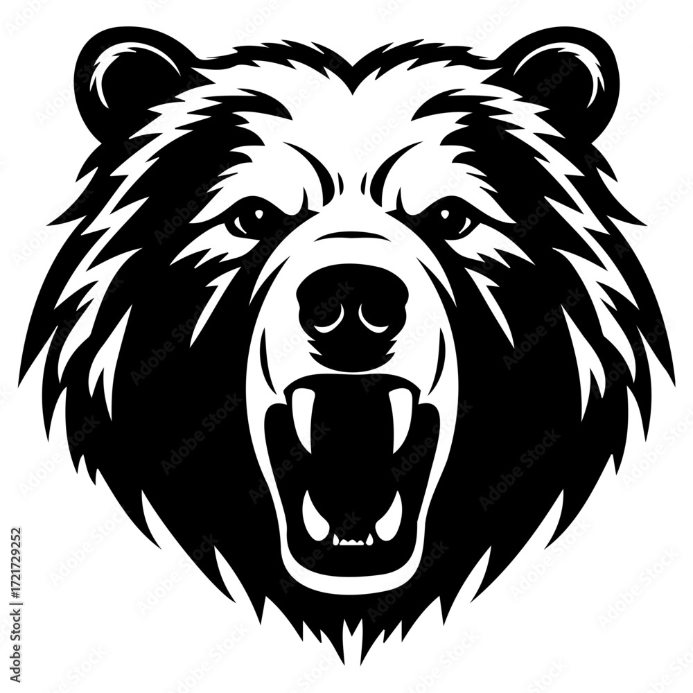 Fototapeta premium Illustration of a fierce bear head with an open mouth and visible teeth in a black and white design style