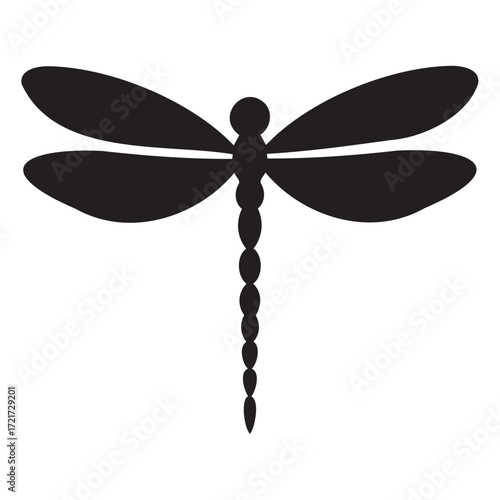 A silhouette of a dragonfly with detailed body and wings spread wide in a simple black and white design