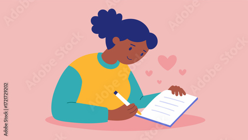 A person writing down their daily affirmations in a gratitude journal focusing on gratitude as a way to boost their overall wellbeing and selfconfidence.. Vector illustration