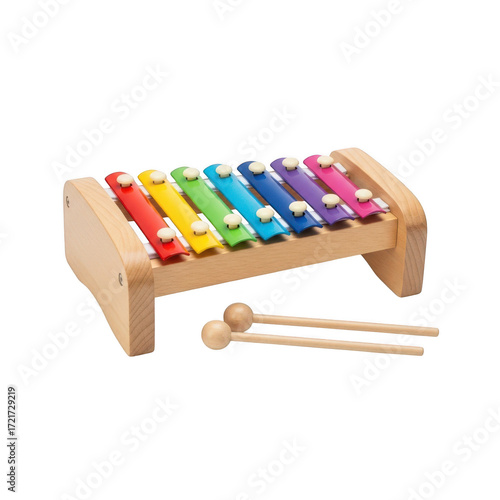 Colorful wooden xylophone with two mallets isolated on transparent background