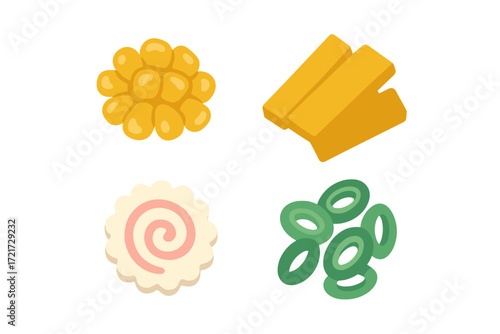 Colorful collection of popular ramen toppings including narutomaki, corn, green onions, and fish cake