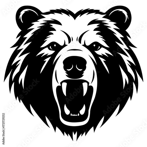 Illustration of a fierce bear head with an open mouth and visible teeth in a black and white design style