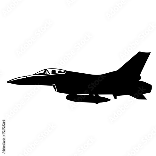 Silhouette of a fighter jet with visible cockpit and underwing fuel tanks against white background