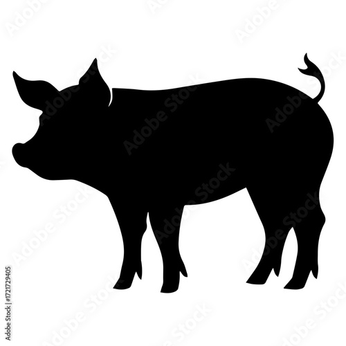 Silhouette of a pig standing with a curly tail and visible ears and snout in a simple black design