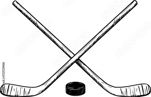 Crossed hockey sticks with a puck in monochrome illustration sketch style. Vector illustration