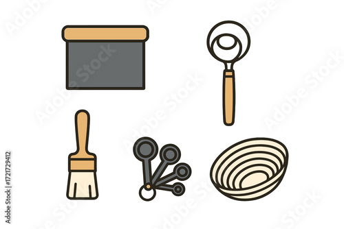 Selection of common household and kitchen items like a paint brush, bottle opener, and measuring spoons