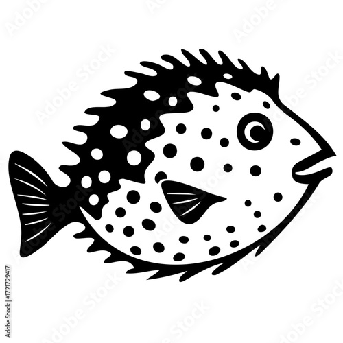 Stylized illustration of a black and white spotted fish with spiky fins and a small dorsal fin design