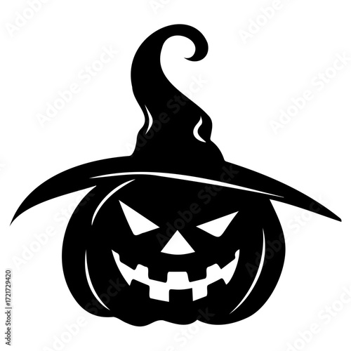 An orange jack o lantern with a menacing expression carved for halloween celebration is displayed here