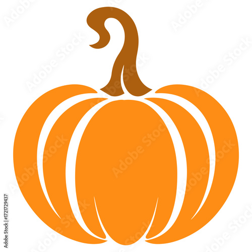 Illustration of a pumpkin with an orange body and a brown stem on a white background simple design