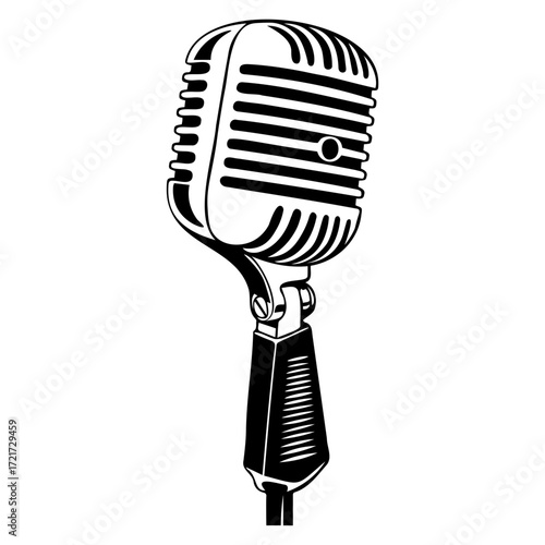 Illustration of a vintage microphone with a detailed head and stand design in black and white color scheme