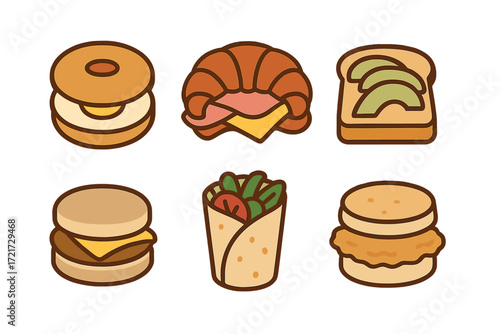 Variety of popular breakfast and lunch food items including bagel sandwich, croissant, avocado toast, cheeseburger, wrap, and chicken sandwich