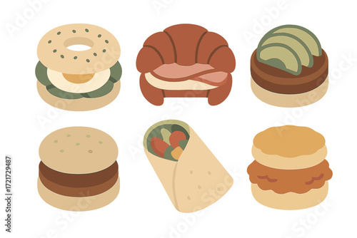 Flat design set of popular breakfast and lunch food items including bagel, croissant, burger, wrap, and biscuit sandwiches
