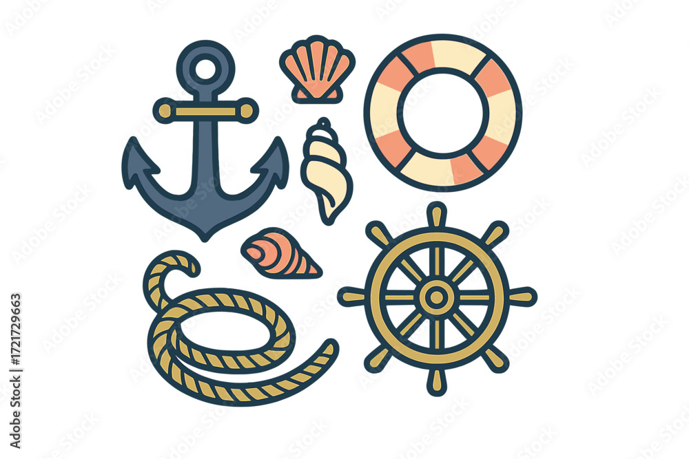 Obraz premium Stylized marine and nautical themed elements collection featuring anchor, ship wheel, lifebuoy, rope, and various seashells