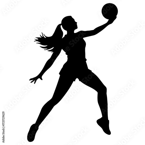 Silhouette of woman with ponytail jumping and holding a volleyball with one hand extended upwards