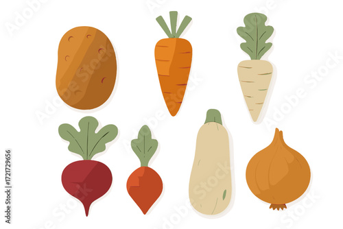 Fresh organic garden vegetables in a charming paper cut style including carrots, potatoes, beets, squash, and onion