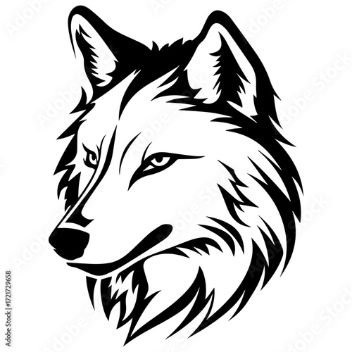 Illustration of a wolf head with detailed fur and sharp eyes in black and white tattoo style design