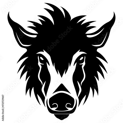 Illustration of a black and white boar head with sharp ears and bristly fur in a symmetrical design