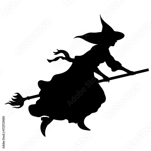 Silhouette of a witch with a pointed hat riding a broomstick against a white background in a simple style