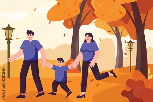 Happy Family Walking Together in Autumn Park with Fall Leaves