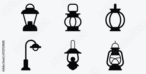 Assorted Vintage Lanterns and Street Lamp Icons in Black Silhouette
