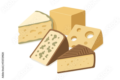 Delicious assortment of various cheese types including blue cheese, Swiss, cheddar, and other dairy products on white background
