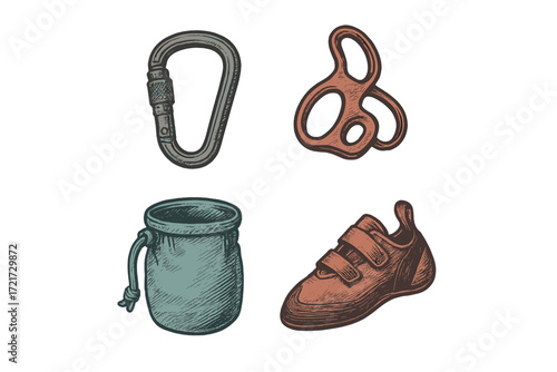 Essential rock climbing and bouldering equipment set including carabiner, belay device, chalk bag, and climbing shoe