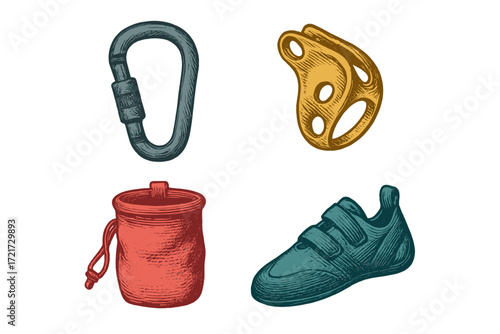 Collection of essential rock climbing equipment including carabiner, belay device, chalk bag, and climbing shoe
