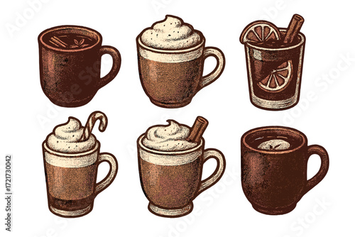 Set of six different warm beverages in mugs and glasses, featuring coffee, cocoa, and mulled wine with festive garnishes