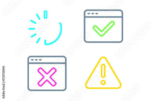 Digital interface status icons for indicating loading progress, successful operations, error messages, and critical warning alerts