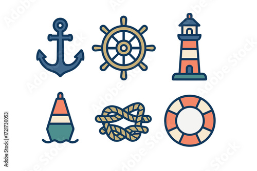 Nautical marine symbols and sea travel icons: anchor, ship wheel, lighthouse, buoy, rope knot, and lifebuoy