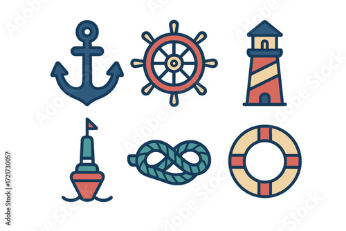 Set of essential nautical marine sea travel navigation elements and symbols including anchor, ship wheel, lighthouse, buoy, knot, and lifebuoy