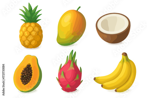 Vibrant collection of fresh tropical fruits including pineapple mango coconut papaya dragon fruit and bananas