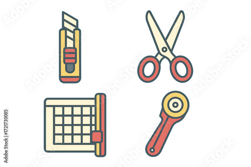 Collection of essential crafting and sewing tools featuring a utility knife, sharp scissors, a grid cutting mat, and a rotary fabric cutter for various projects