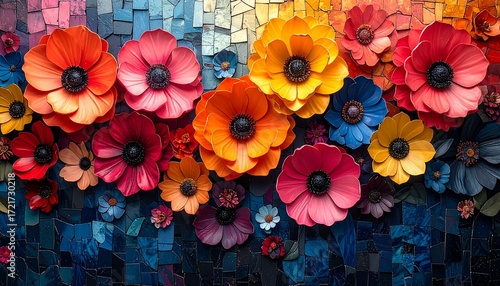 Abstract vertical garden wall of flowers, mosaic-style patterns with bold shapes and vibrant hues”