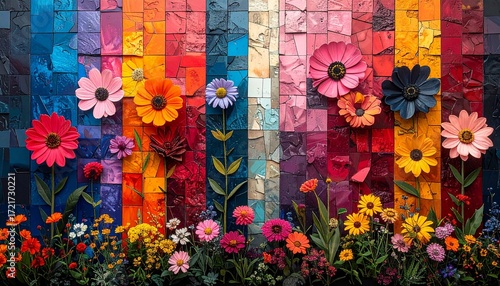 Abstract vertical garden wall of flowers, mosaic-style patterns with bold shapes and vibrant hues”