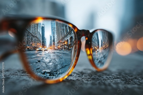 Cityscape reflecting in eyeglass lens, illustrating new perspective and seeing clearly