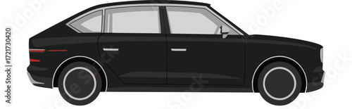 Modern sedan car silhouette side view with wheels, windows, doors, black vector icon for automotive design, transport, and vehicle use