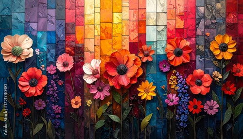 Abstract vertical garden wall of flowers, mosaic-style patterns with bold shapes and vibrant hues”