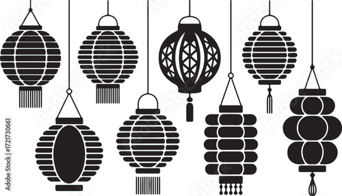 Chinese Lantern Silhouettes Set Oriental Festival Lanterns Collection Vector Drawings