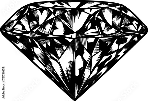 Illustration of a diamond with black and white shading, artistic drawing style. Vector illustration
