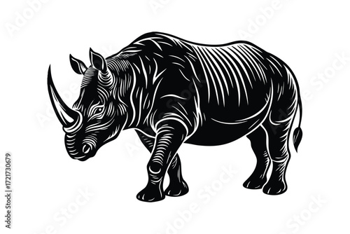 Black and white woodcut style rhinoceros animal wildlife