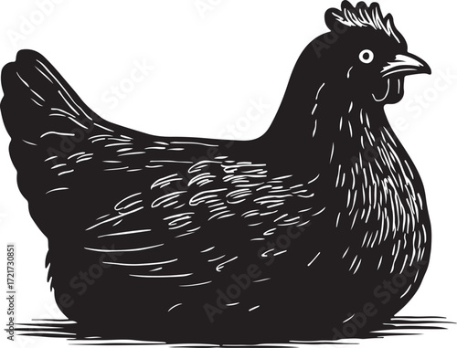 Detailed black and white woodcut illustration of a plump hen standing on a flat surface with a white background