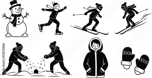 Winter illustration set, snowman, ice skating, skiing, snowball fight, coat, mittens, seasonal activities, festive icons, black and white design